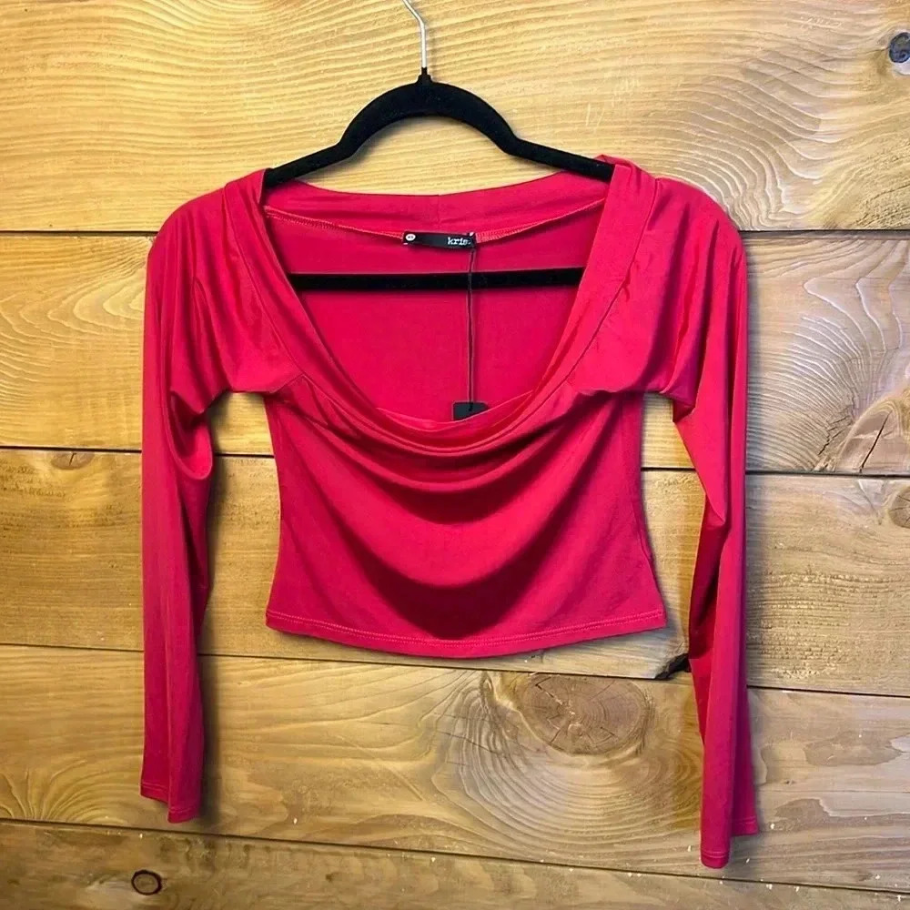 Revolve Krisa women’s red cropped long sleeve top XS oversized red soft party